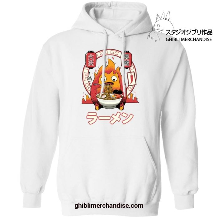 Howls Moving Castle Calcifer Loves Ramen Hoodie White / S