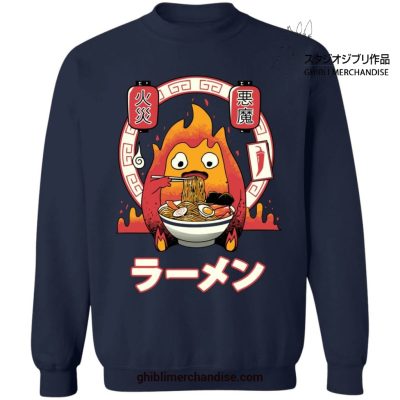 Howls Moving Castle Calcifer Loves Ramen Sweatshirt Navy Blue / S