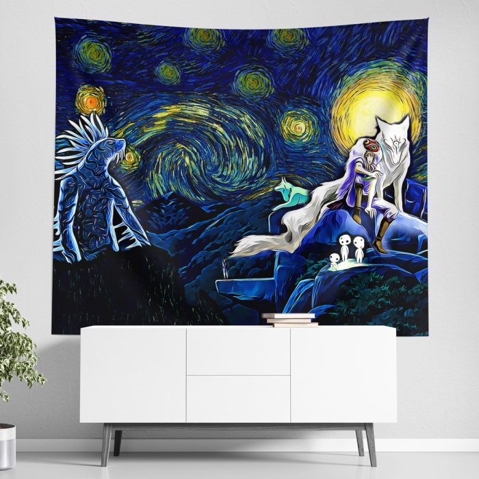 Princess Mononoke Starry Night Studio Ghibli Wall Tapestry Horizontal Main 1 - Studio Ghibli Store